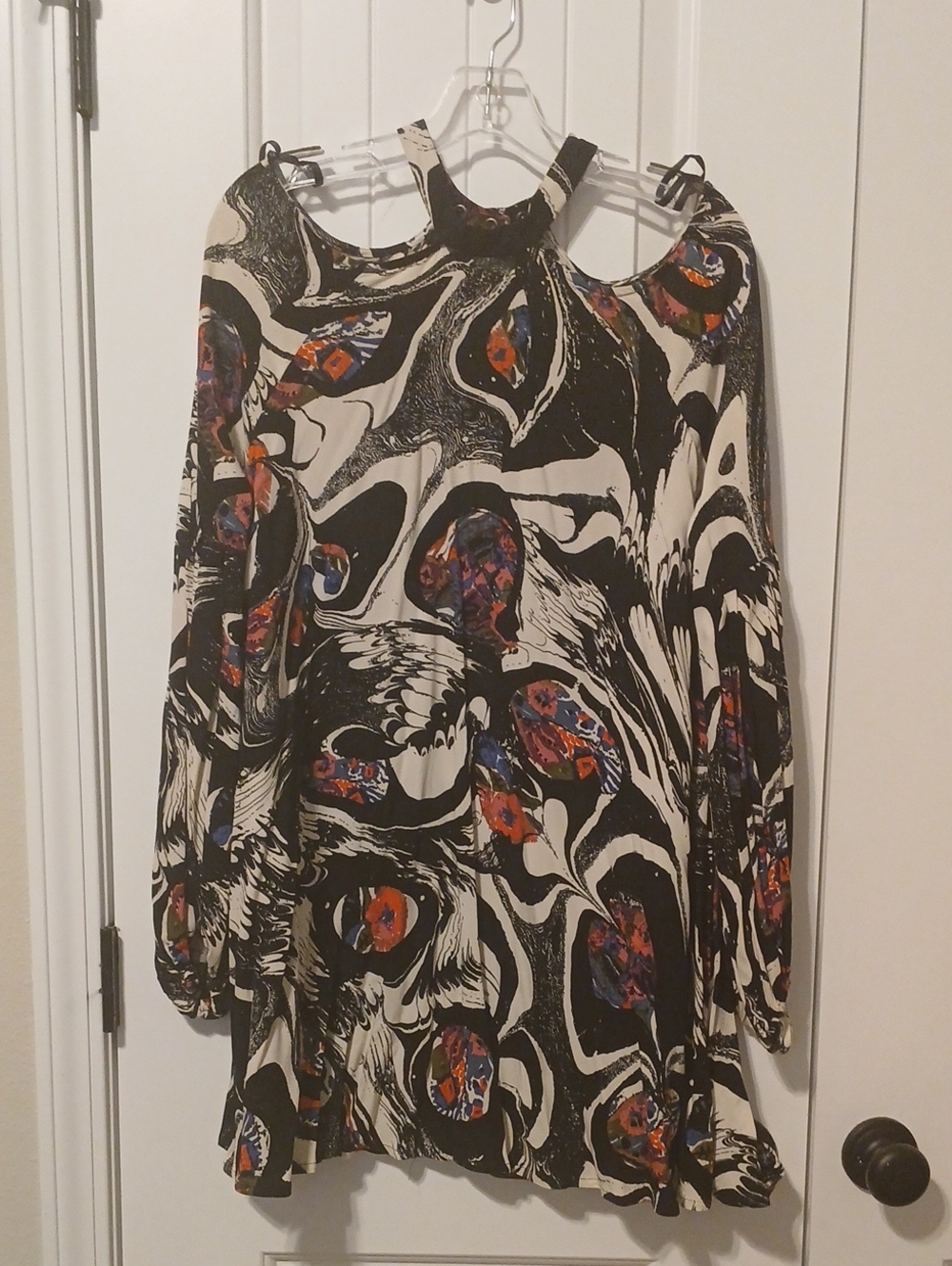 Free People Black and Cream Abstract Cold-Shoulder Tunic with Colorful Accents